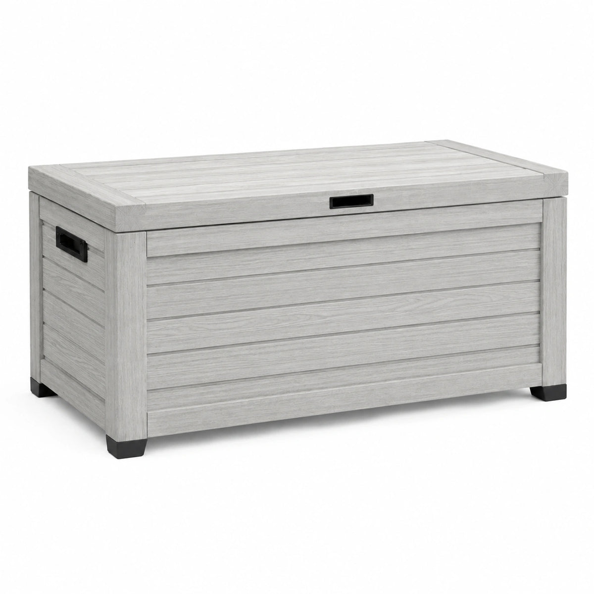 Coffre de rangement extérieur 120 x 60 x 65 cm en résine gris effet bois avec couvercle