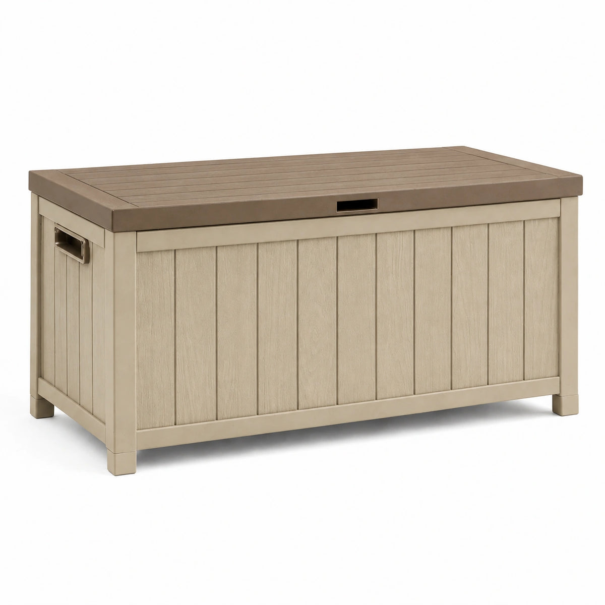 Coffre de rangement extérieur 120 x 60 x 65 cm en résine beige et taupe effet bois - couvercle rabattable