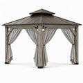 Pavillon de jardin 300 x 300 x 300 cm en bois gris avec toit métallique et rideaux