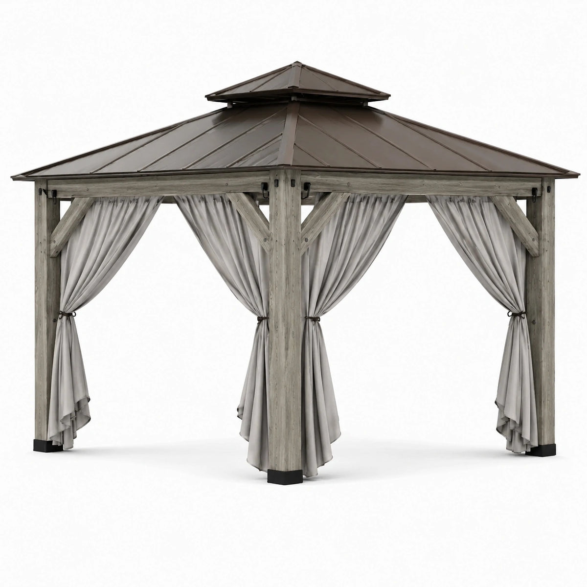 Pavillon de jardin 300 x 300 x 300 cm en bois gris avec toit métallique et rideaux