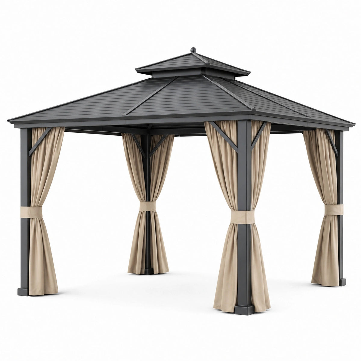 Tonnelle de jardin 300 x 300 cm en aluminium noir avec rideaux beiges - toit double ventilé