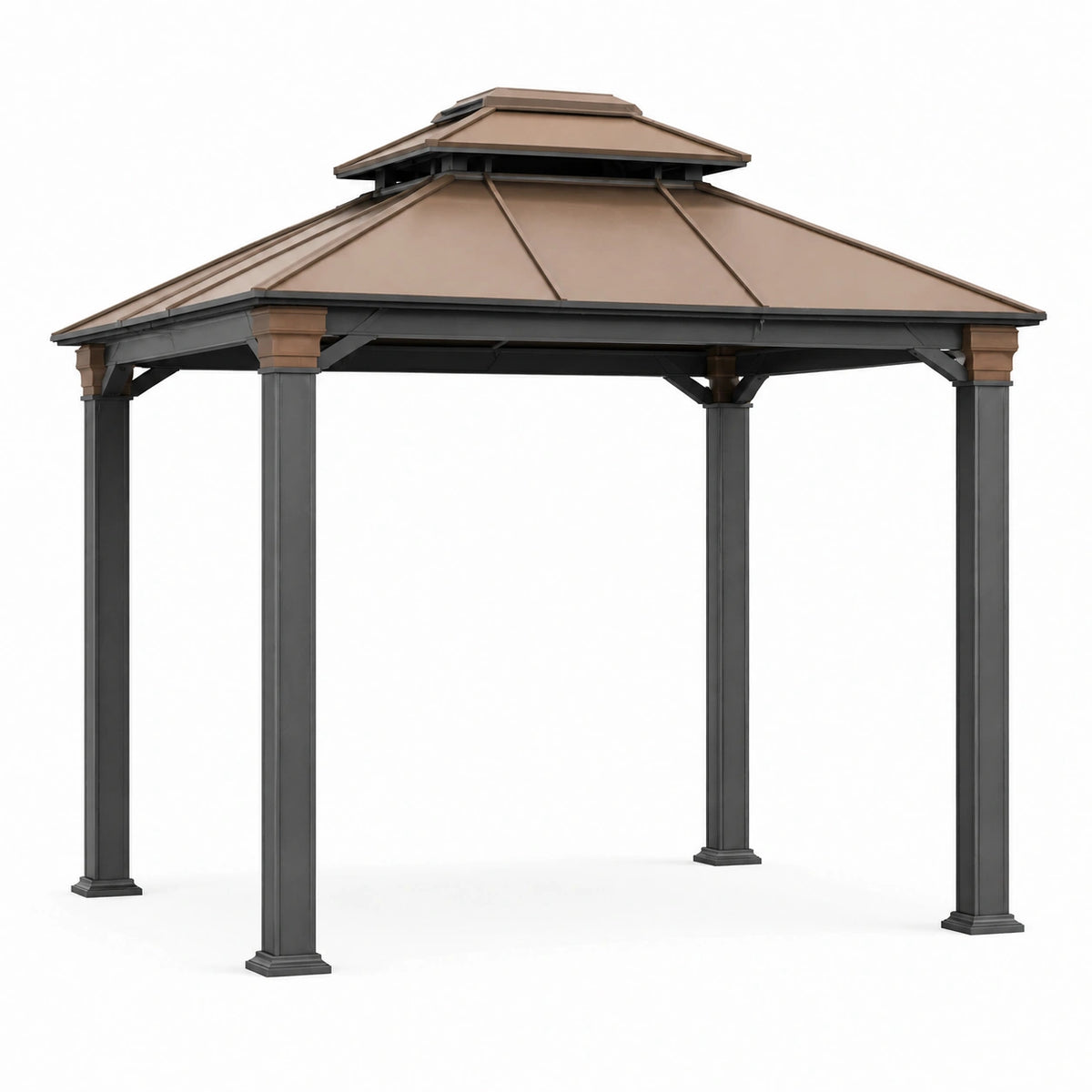 Tonnelle de jardin 300 x 300 cm en métal marron et noir à toit rigide style pavillon