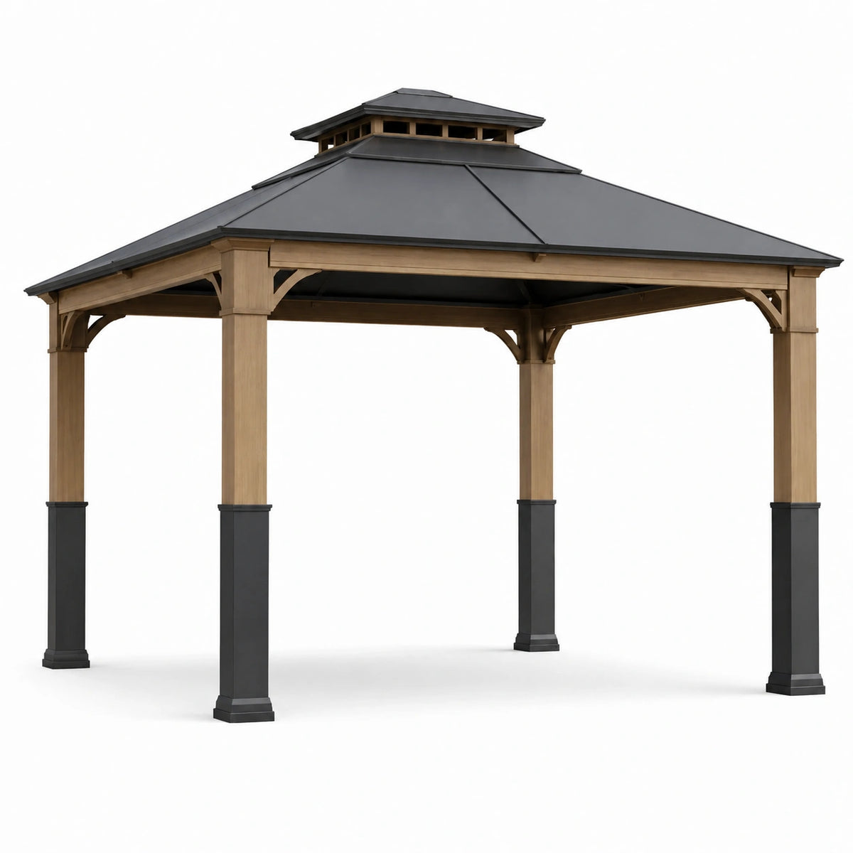 Tonnelle de jardin 400 x 300 x 320 cm en bois marron avec toit métallique noir style pavillon ventilé
